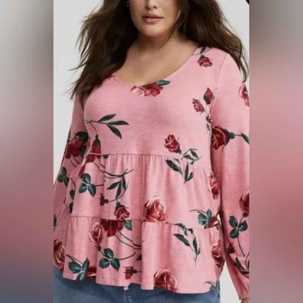Torrid Pink Rose Print Babydoll Top